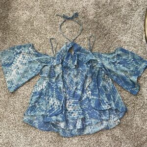 Scale Print Flowy Ruffle Halter Tie Blouse Top